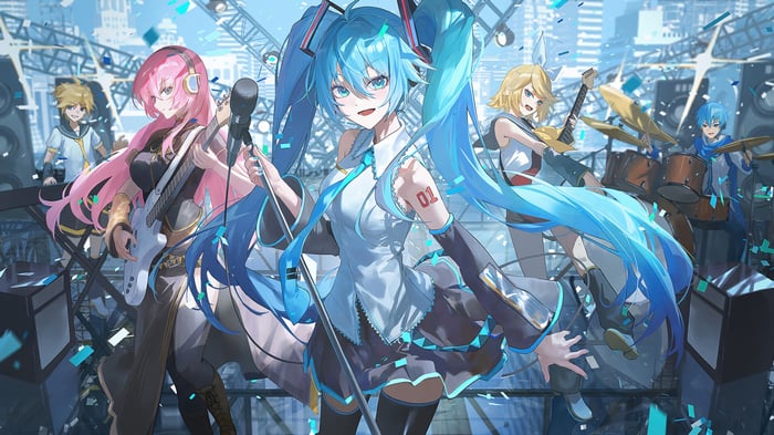 Hatsune Miku and friends performing on stage