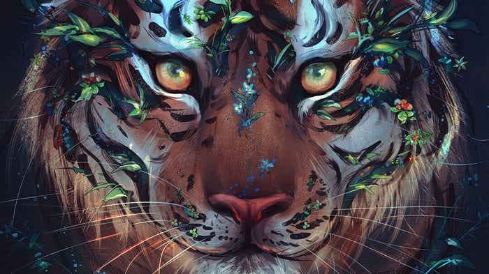 Tiger with Flowers Digital Art 4K