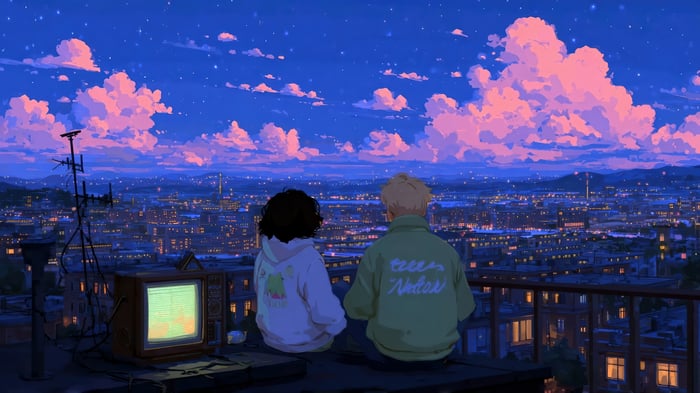 Anime couple watching city lights at night 4K