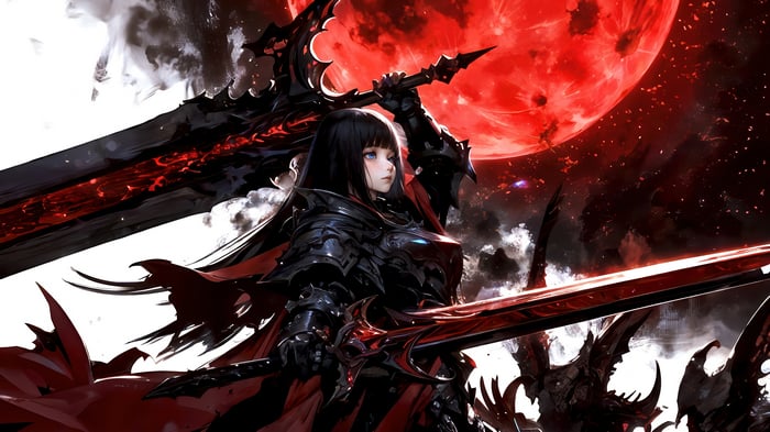 Fantasy Warrior Anime Girl with Swords and Red Moon 4K