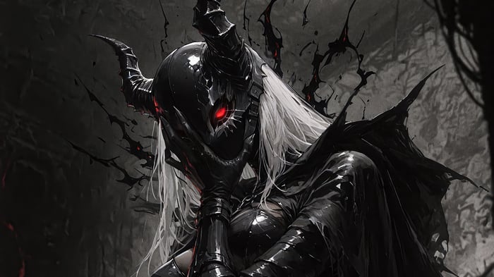 Fantasy Girl in Black Armor with Red Eyes 4K