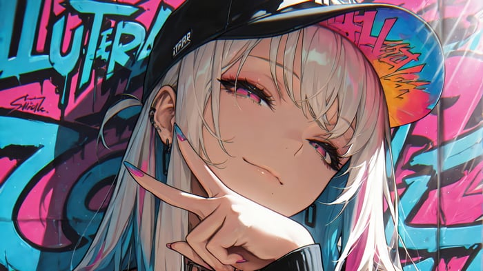 Anime Girl with White Hair Wearing a Hat and Graffiti Background 4K