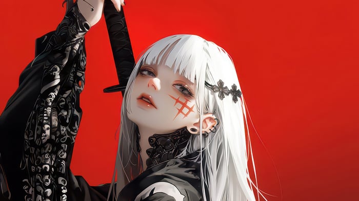 Anime Girl with White Hair and Katana 4K