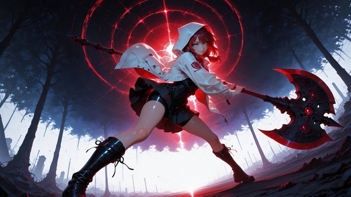Anime Warrior Girl with Axe in Forest