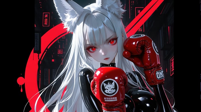 Anime Girl with White Hair and Red Eyes in Boxing Gloves