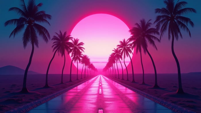 Sunset over a road lined with palm trees in 4K