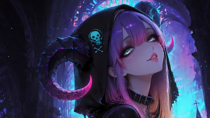 Anime Girl with Purple Hair and Horns
