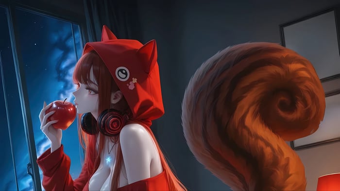 Anime Girl in Red Hoodie with Headphones and Apple 4K