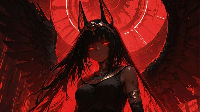 Anime Girl with Anubis Headdress and Wings in Red