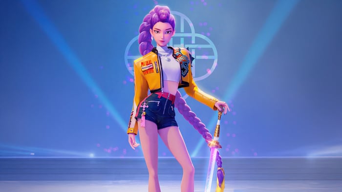 Rumi from KPop Demon Hunters holding a sword