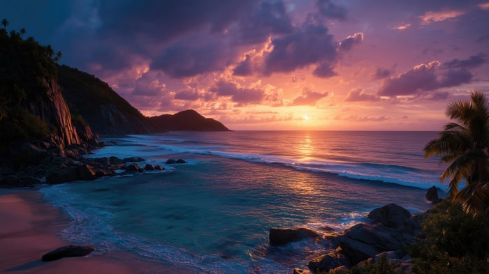 Sunset over a tropical beach with waves and palm trees