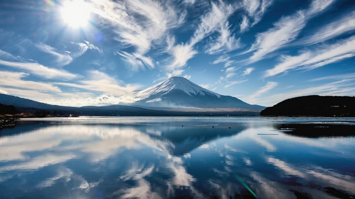 Mount Fuji Reflection on Lake with Wispy Clouds