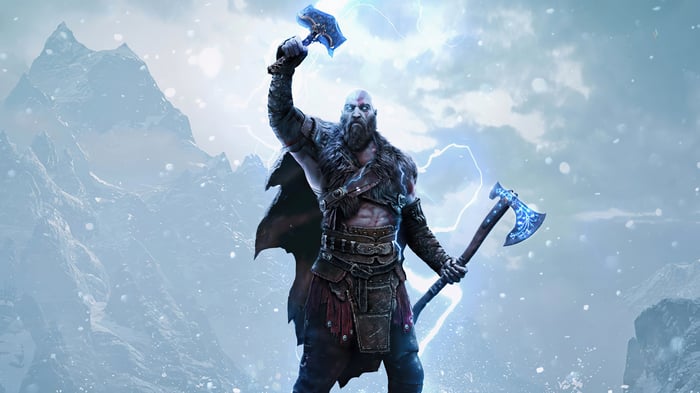 Kratos with Mjolnir and Leviathan Axe in God of War 4K