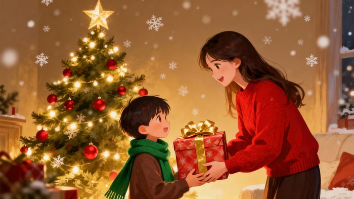 Mother and son exchanging gifts by Christmas tree