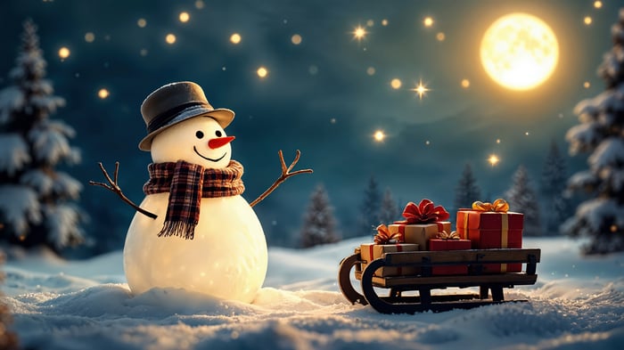Snowman with Gifts on a Sleigh at Night