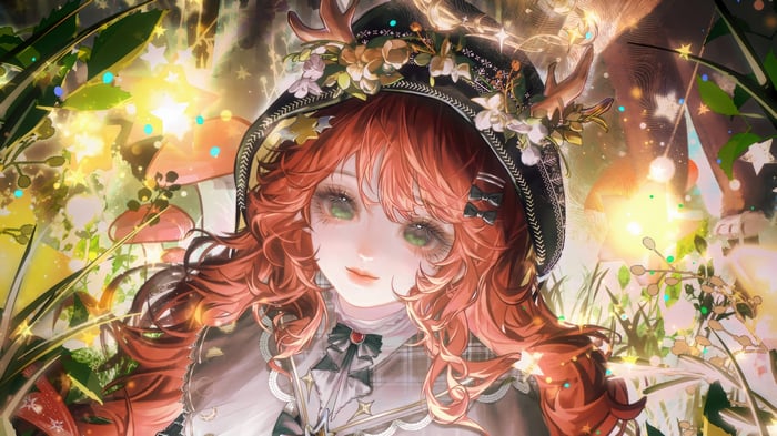 Anime Girl with Red Hair and Antlers in Forest