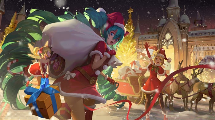Hatsune Miku and friends delivering Christmas gifts