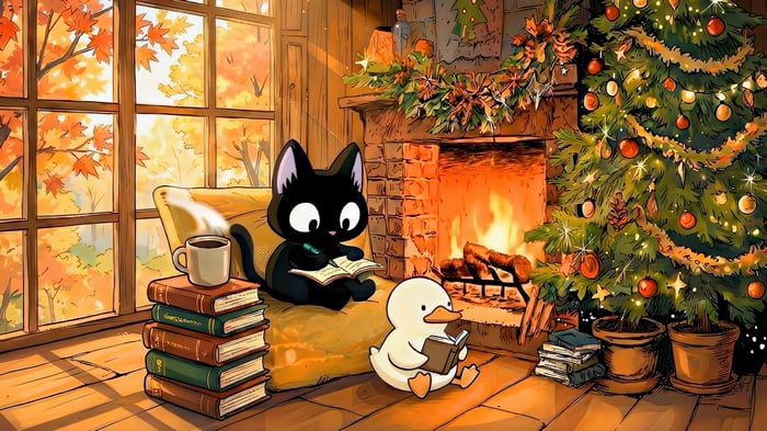 Cat and Duck Reading by a Christmas Tree and Fireplace