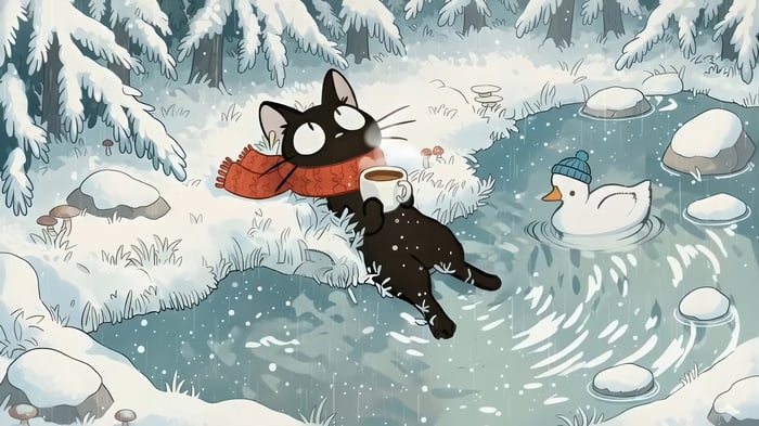 Black cat with scarf and coffee by winter lake with duck