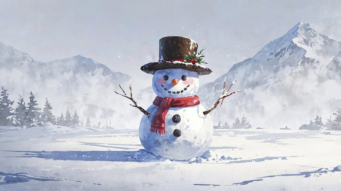 Snowman in a snowy landscape with mountains