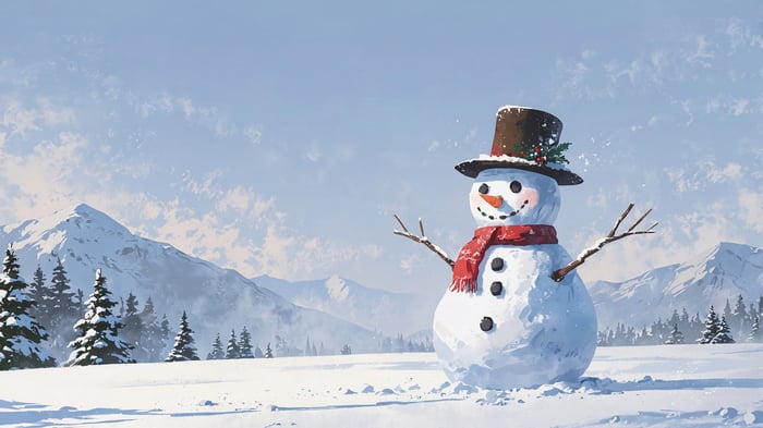 Snowman in a snowy mountain landscape 4K