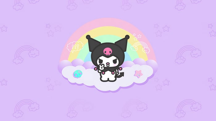Kuromi on a cloud with a rainbow background