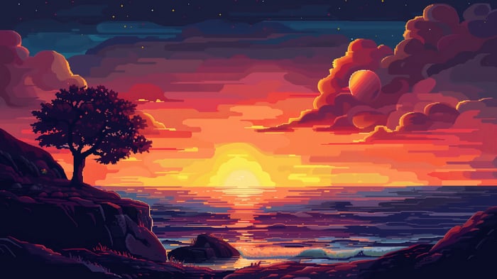 Pixel Art Sunset Over the Ocean with a Tree