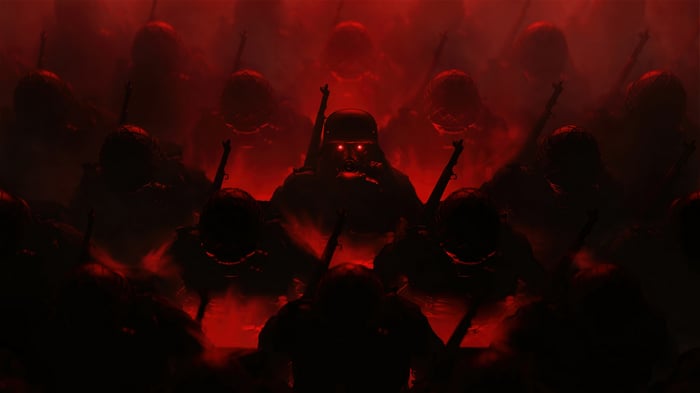 Soldiers in red smoke with glowing eyes