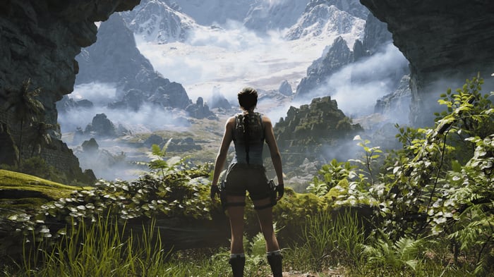 Lara Croft in a mountainous landscape