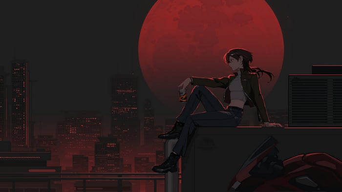 Anime Girl on Rooftop with Red Moon 4K