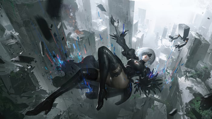 YoRHa 2B falling in a destroyed city, NieR: Automata 4K