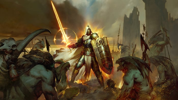 Paladin with glowing sword fighting demons in Diablo IV 4K