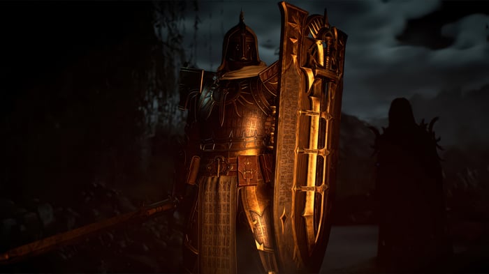 Diablo IV Paladin in Golden Armor with Shield