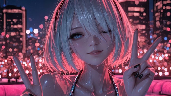 YoRHa 2B in a Pool at Night 4K
