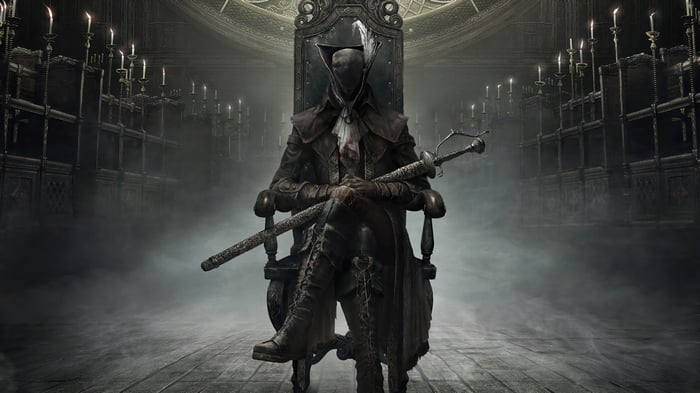 Bloodborne Hunter sitting on a throne with a sword