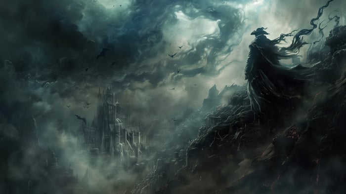 Bloodborne 4K: A dark figure stands on a cliff overlooking a ruined city
