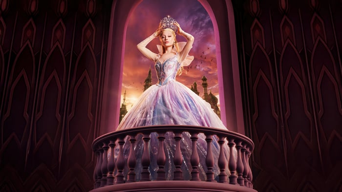 Glinda in a ballgown with a crown