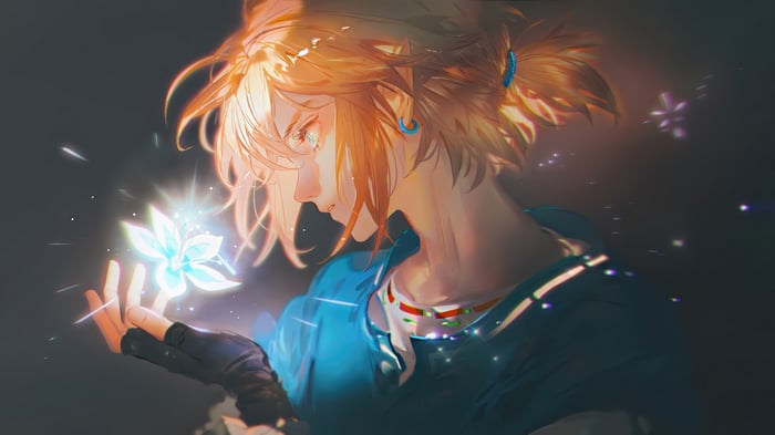 Link from The Legend of Zelda holding a glowing flower