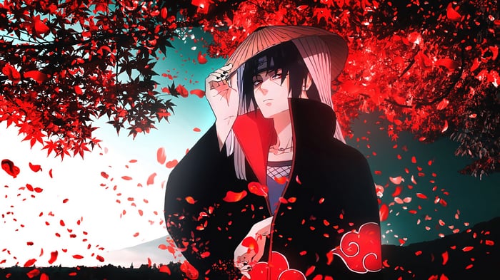 Itachi Uchiha in Akatsuki robe with red leaves