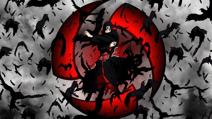 Itachi Uchiha surrounded by crows and Sharingan