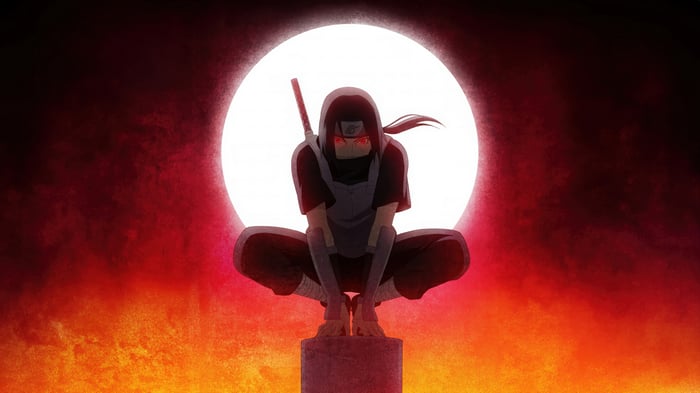 Itachi Uchiha in front of a large moon