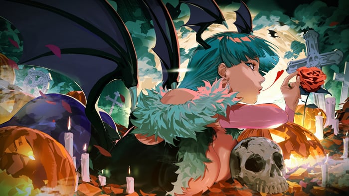 Morrigan Aensland with a rose and pumpkins 4K
