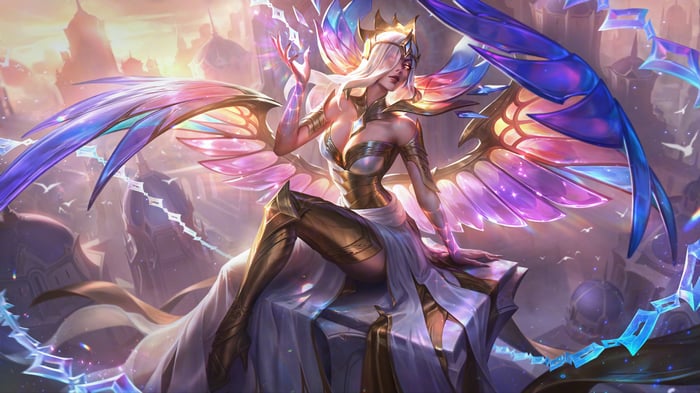 Morgana in a white and gold dress with iridescent wings