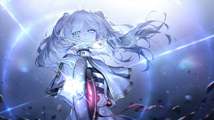 Frieren with White Hair and Blue Eyes Holding a Weapon