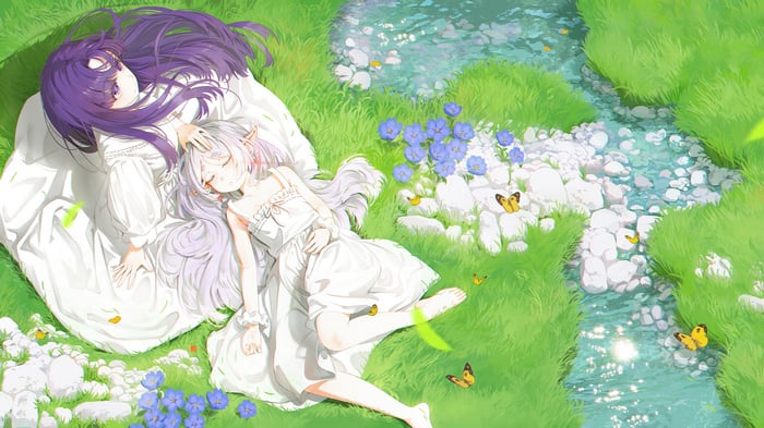 Frieren and Fern sleeping by a stream