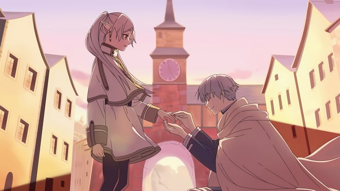 Frieren and Himmel in a town square