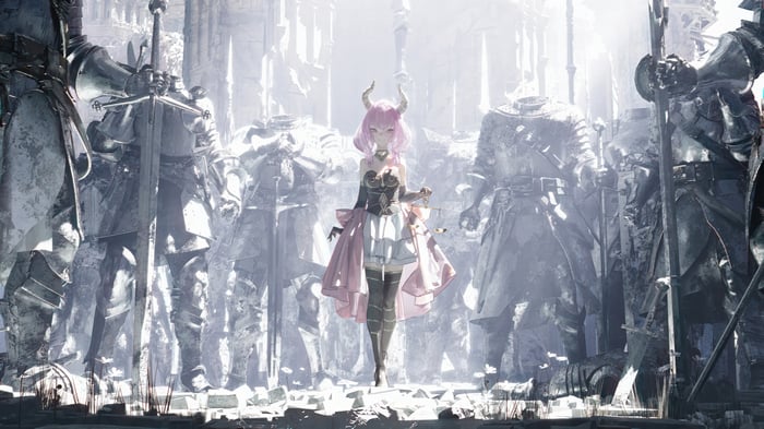 Anime girl with horns standing among knights