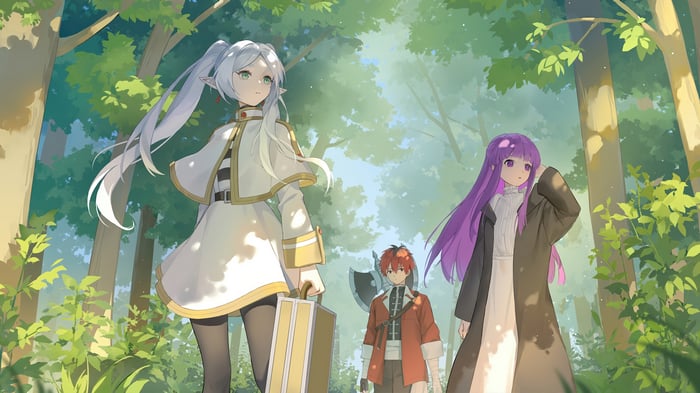 Frieren, Fern, and Stark in a forest