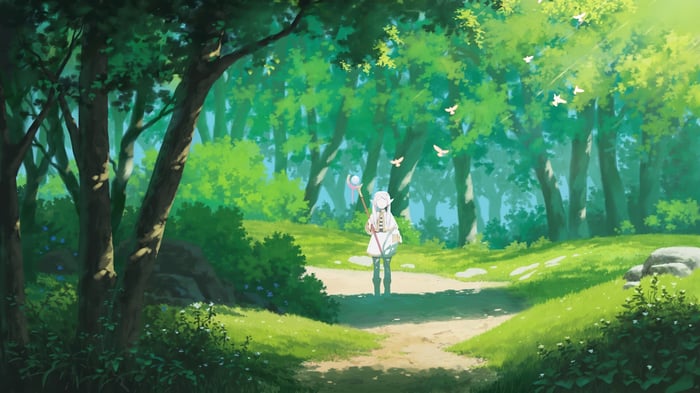 Frieren in a sunlit forest with birds