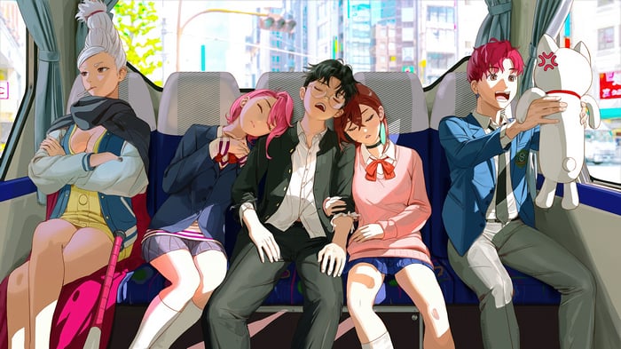 Dandadan: Seiko, Aira, Okarun, Momo, and Jiji on a Bus